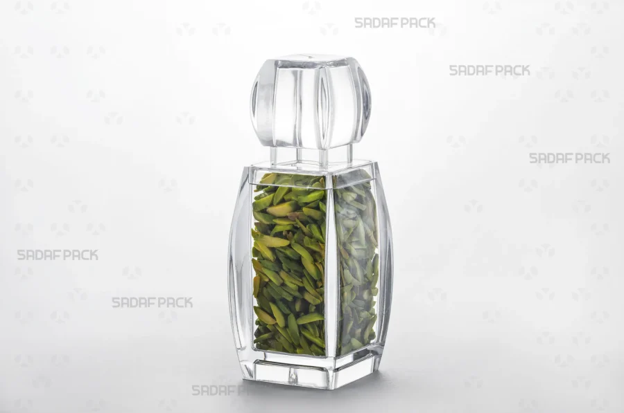 A three-quarter angle view of the Azin 4 container filled with high-quality Slivered Pistachios, demonstrating its suitability for the export of luxury food products.