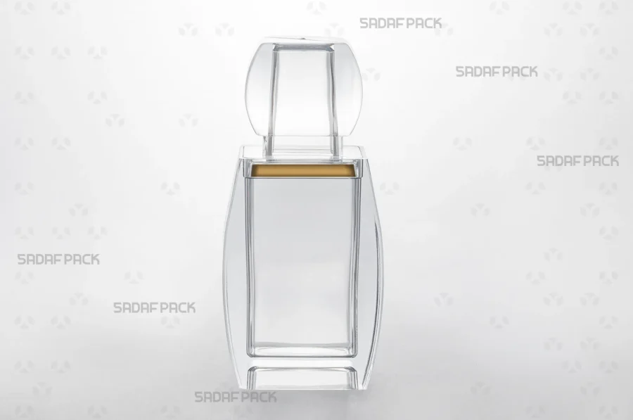 A front angle view of the Azin 5 container, highlighting its tall, slender body and square-faceted lid made from clear poly-crystal.