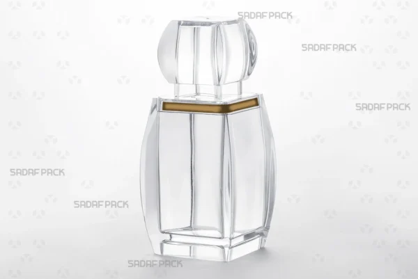 A three-quarter angle view of the elegant Azin 5 crystal container by Sadaf Pack, designed for premium saffron packaging.