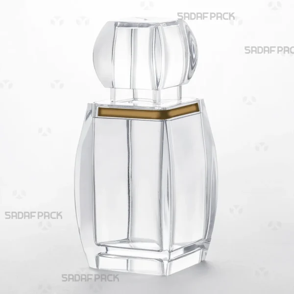 A three-quarter angle view of the elegant Azin 5 crystal container by Sadaf Pack, designed for premium saffron packaging.