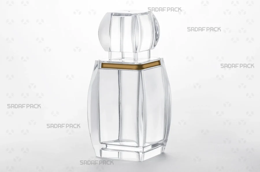 A three-quarter angle view of the elegant Azin 5 crystal container by Sadaf Pack, designed for premium saffron packaging.