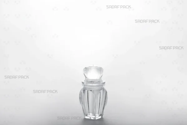 A three-quarter angle view of the Gohar 1 Crystal Container by Sadaf Pack, a premium packaging solution for high-value saffron.