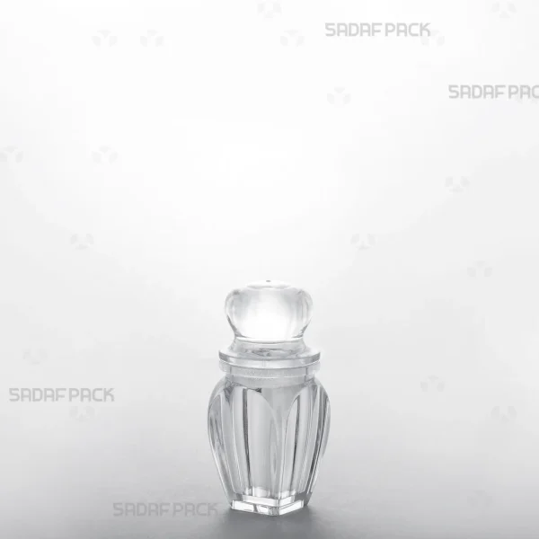 A three-quarter angle view of the Gohar 1 Crystal Container by Sadaf Pack, a premium packaging solution for high-value saffron.