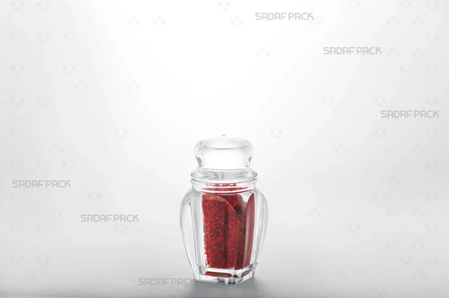 The elegant Gohar 2 container filled with saffron, making it an ideal choice for export-quality packaging and upscale retail display. 
