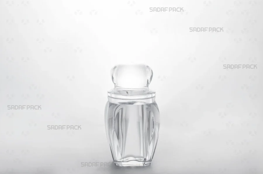 Front view of the Gohar 3 container, showcasing its clear poly-crystal cylindrical body and secure press-fit lid.