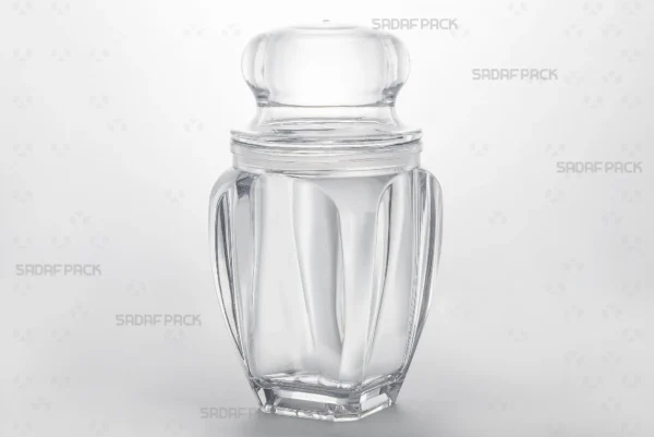Three-quarter view of the Gohar 5 luxury crystal container by Sadaf Pack, showcasing its clear body and elegant design.