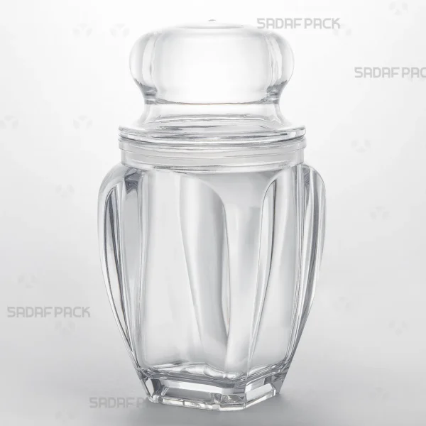 Three-quarter view of the Gohar 5 luxury crystal container by Sadaf Pack, showcasing its clear body and elegant design.