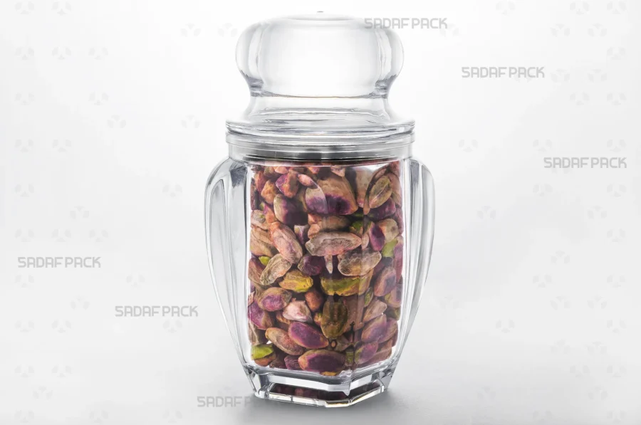 A Gohar 5 crystal container filled with high-quality Pistachios, demonstrating its excellent product visibility for export.