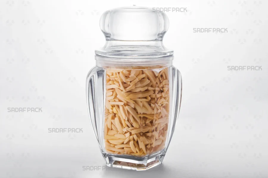 A Gohar 5 crystal container filled with high-quality Slivered almonds, demonstrating its excellent product visibility for export.