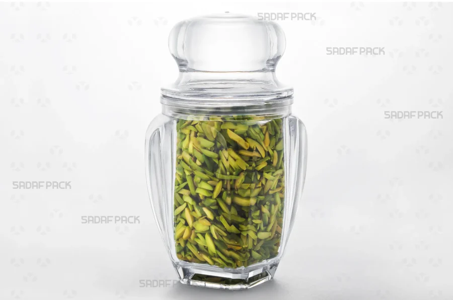 A Gohar 5 crystal container filled with high-quality Slivered Pistachios, demonstrating its excellent product visibility for export.