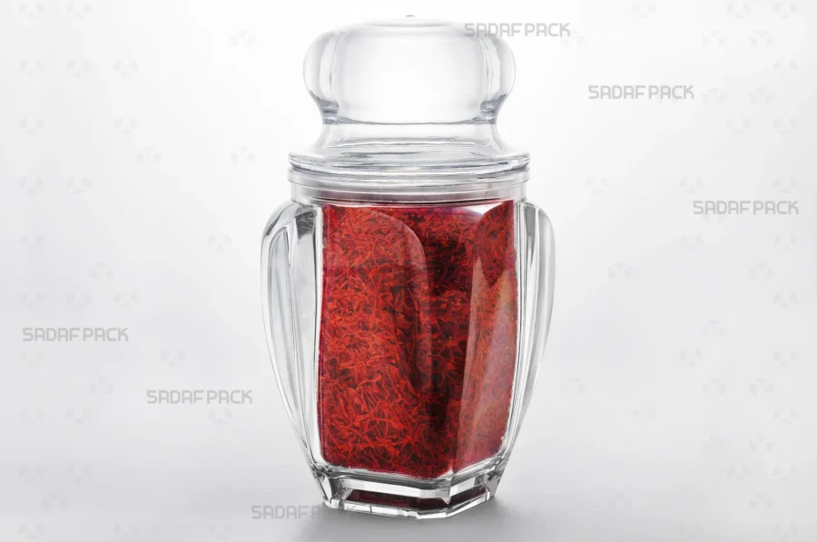 A Gohar 5 crystal container filled with high-quality saffron, demonstrating its excellent product visibility for export.