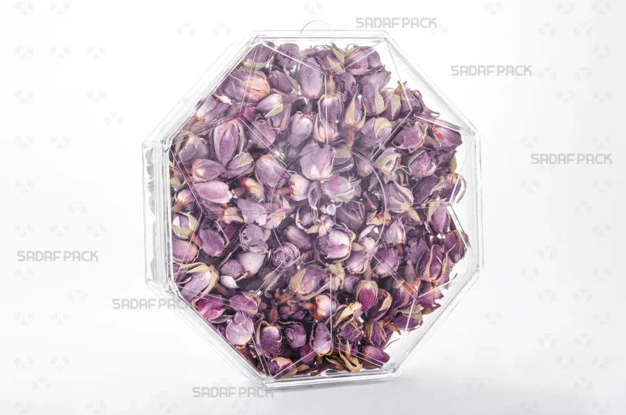 A three-quarter angle view of the Octagon Short container filled with Dried Rose Petals, showcasing its suitability for luxury food exports. 