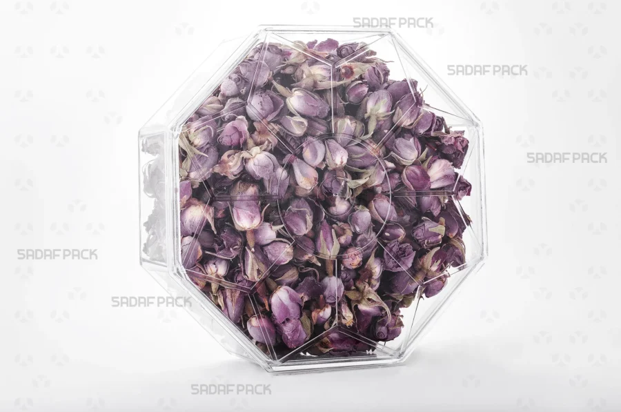 A three-quarter view of the Octagon Tall container filled with Dried Rose Petals, demonstrating its excellent capacity and presentation for luxury export goods.