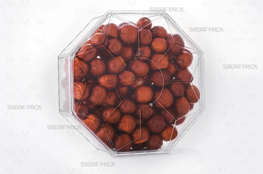 A three-quarter view of the Octagon Tall container filled with Jujube, demonstrating its excellent capacity and presentation for luxury export goods.