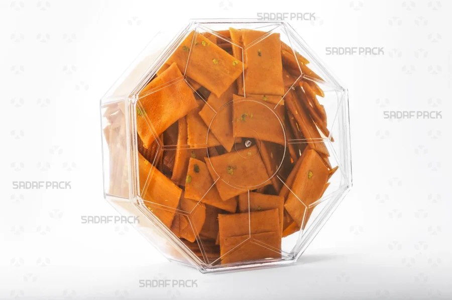 A three-quarter view of the Octagon Tall container filled with Persian Saffron Brittle, demonstrating its excellent capacity and presentation for luxury export goods.