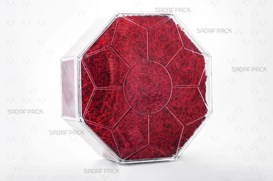 A three-quarter view of the Octagon Tall container filled with Persian Saffron, demonstrating its excellent capacity and presentation for luxury export goods.
