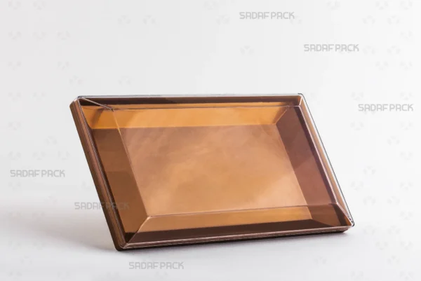 A three-quarter angle view of the Rectangle 200 Gold crystal container by Sadaf Pack, showcasing its large size and elegant design.