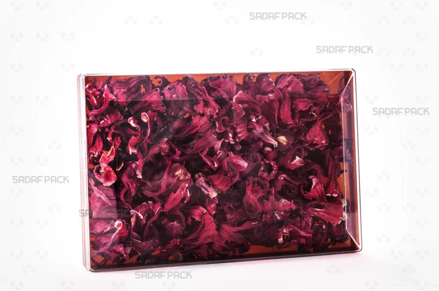 The luxurious Rectangle 200 Gold container filled with assorted Dried Hibiscus Petals, ideal for premium gift packaging and export. 