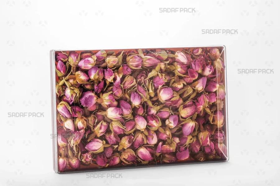 The luxurious Rectangle 200 Gold container filled with assorted Dried Rose Petals, ideal for premium gift packaging and export. 