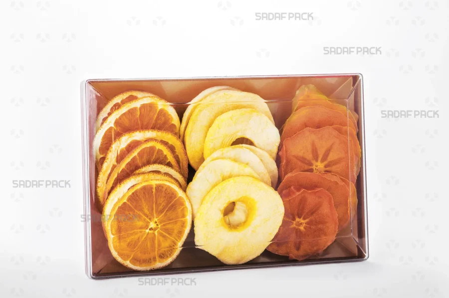 The luxurious Rectangle 200 Gold container filled with assorted Dried fruits, ideal for premium gift packaging and export. 