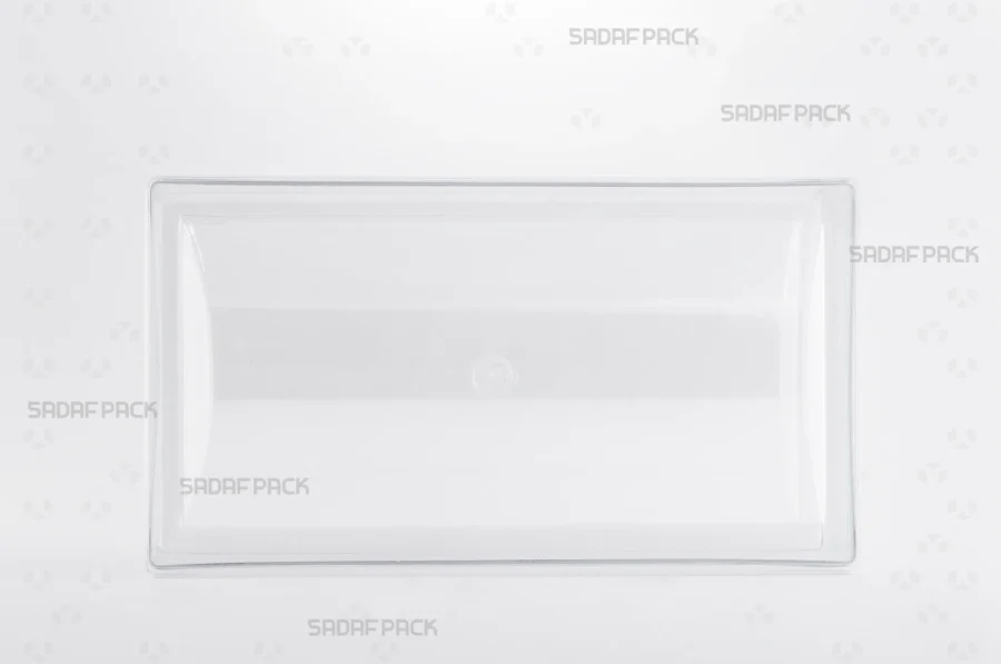 A front view of the Convex Rectangle Short Container, highlighting its low-profile structure and clear polycrystal material.