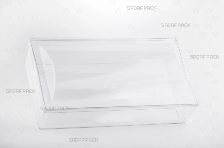 A three-quarter angle view of the Convex Rectangle Short Container by Sadaf Pack, designed for luxury food presentation.
