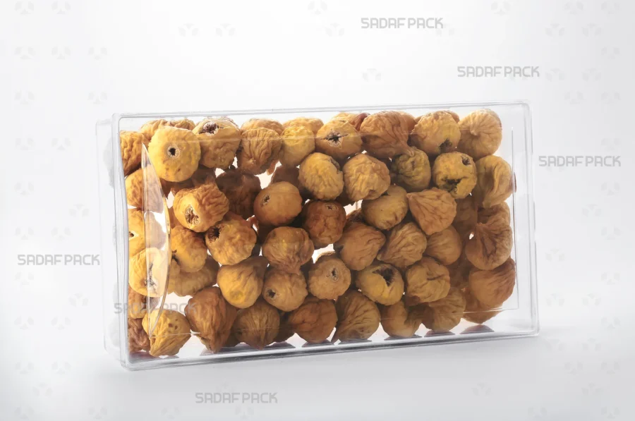 An elegant presentation of the Convex Rectangle Short Container filled with Dried figs, suitable for premium export packaging. 