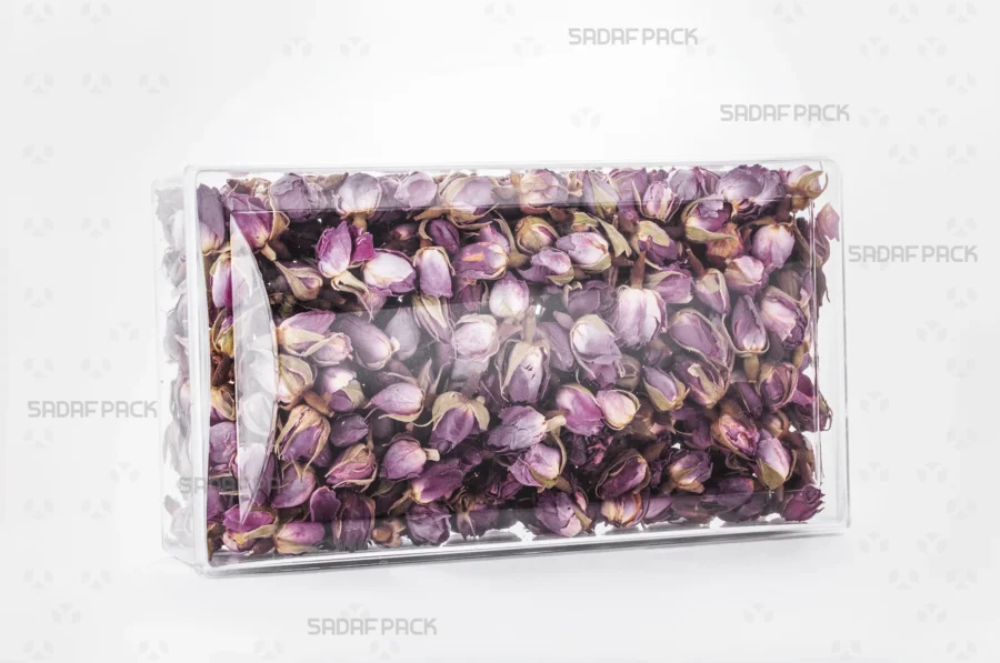 An elegant presentation of the Convex Rectangle Short Container filled with Dried Rose Petals, suitable for premium export packaging. 