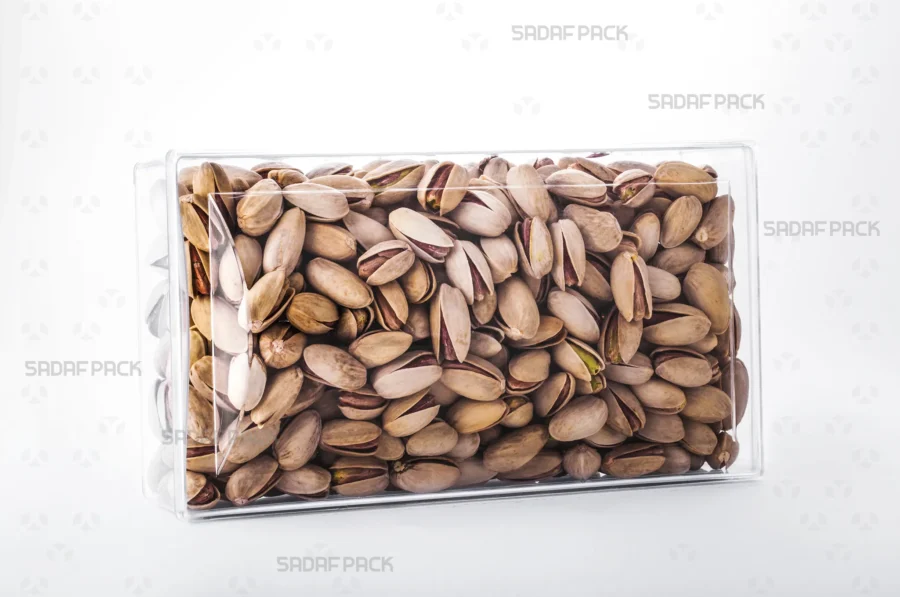 An elegant presentation of the Convex Rectangle Short Container filled with Pistachios, suitable for premium export packaging. 