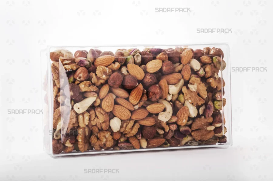 An elegant presentation of the Convex Rectangle Short Container filled with nuts, suitable for premium export packaging. 