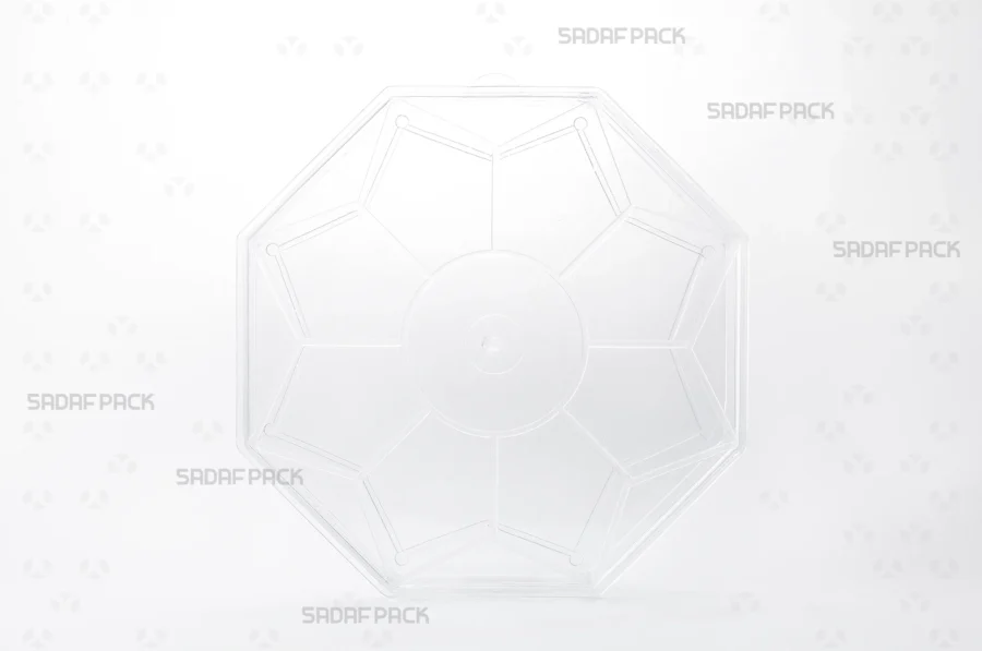 A front-angle view of the Octagon Short container, highlighting its short, eight-sided geometric body and precision-fit lid.