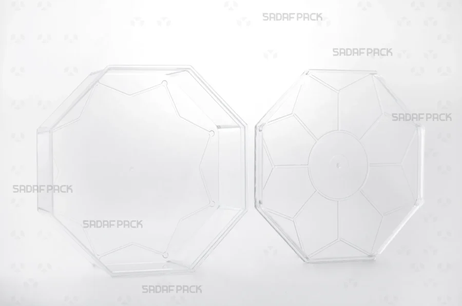 The Octagon Tall container displayed with its lid and body separated side-by-side, revealing the spacious interior suitable for premium food products.