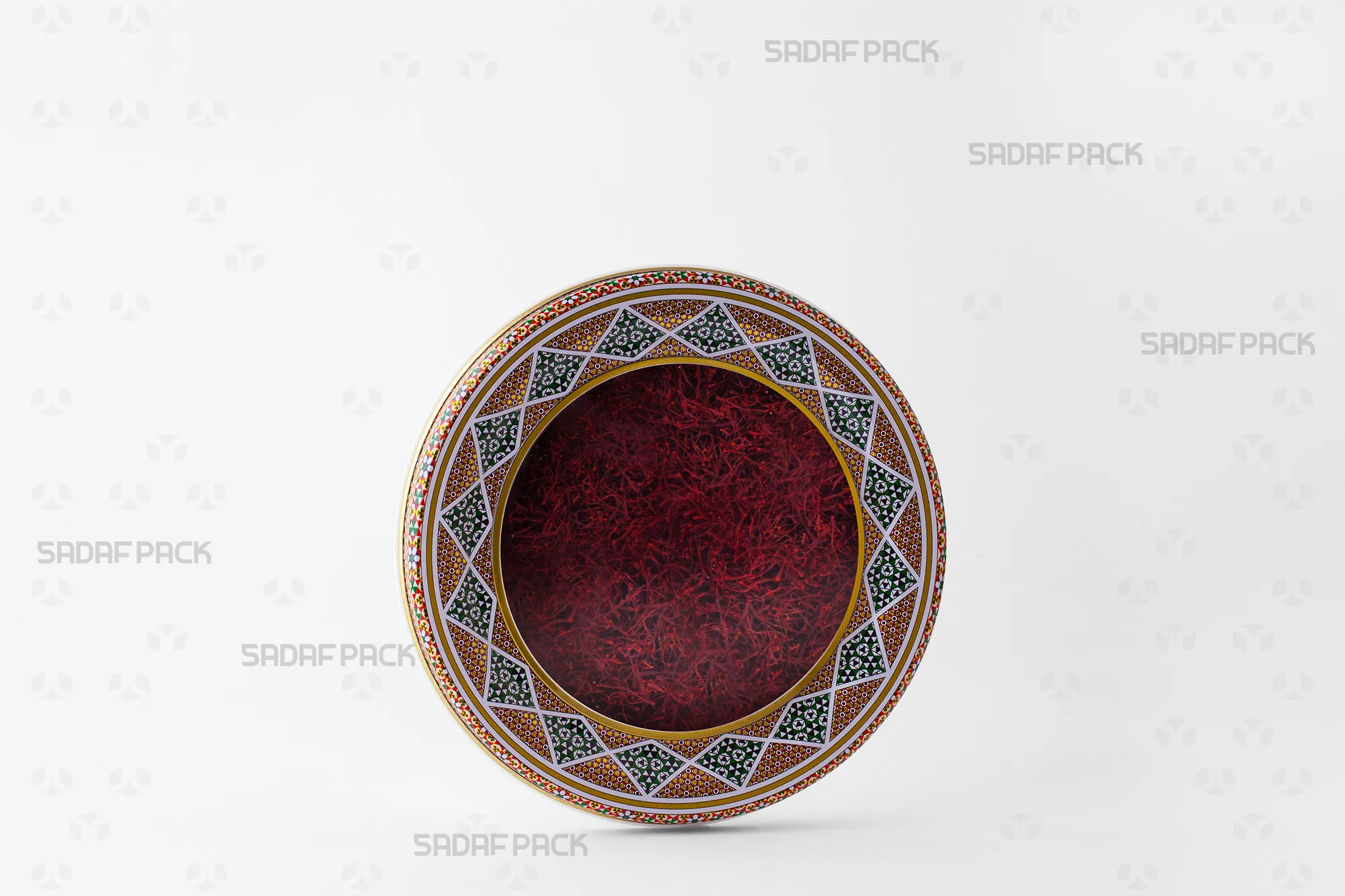 Sadaf Pack's 17 Metal España Flat Bottom tin filled with high-grade saffrpn, highlighting its presentation quality.
