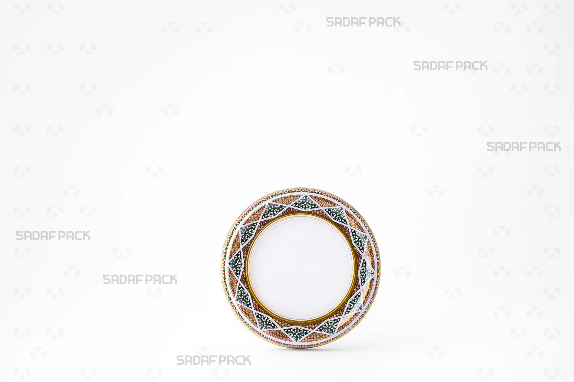 Front angle view of the 12 Metal España Flat Bottom tin, highlighting its circular metal structure and flat plastic 'España' style base.