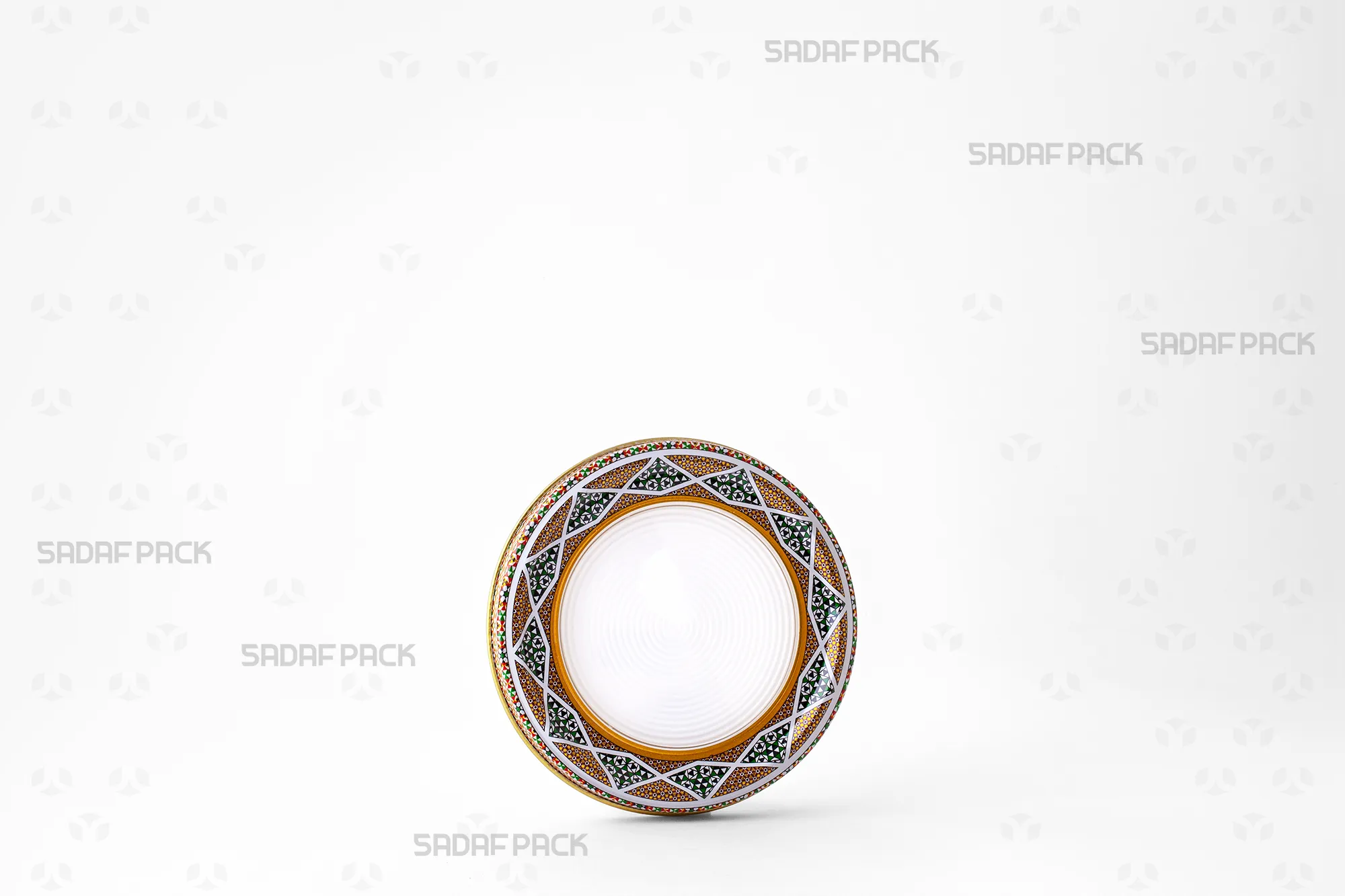 Three-quarter view of the 12 Metal España Flat Bottom tin container by Sadaf Pack, showing its 12cm diameter metal body and flat base.