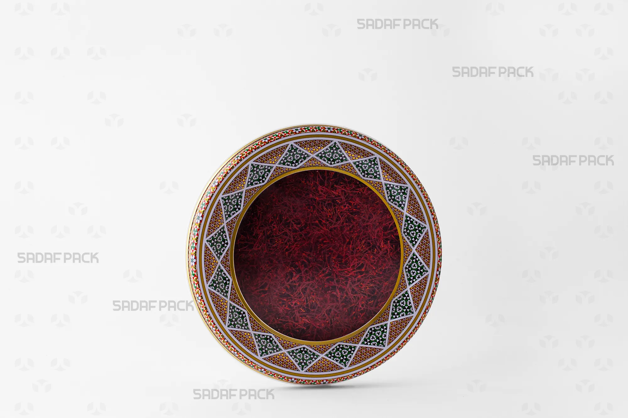 Three-quarter view of the 17 Metal España Raised Bottom tin filled with saffron, ideal for premium saffron presentation.