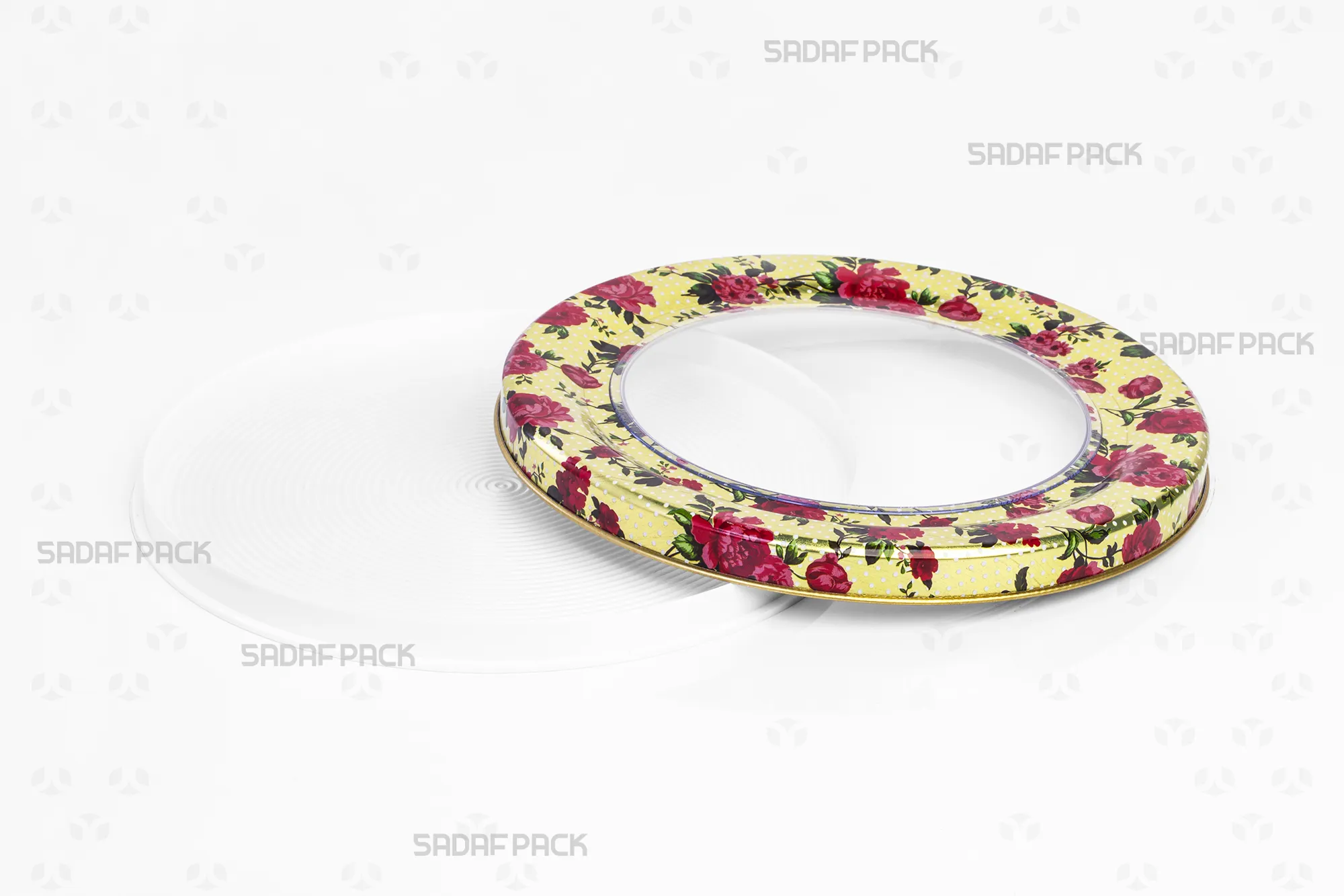 Top-down view of the empty Sadaf Pack 17 Metal España Flat Bottom tin with Rose Gold design, shown with the lid open to display its interior capacity and pattern.