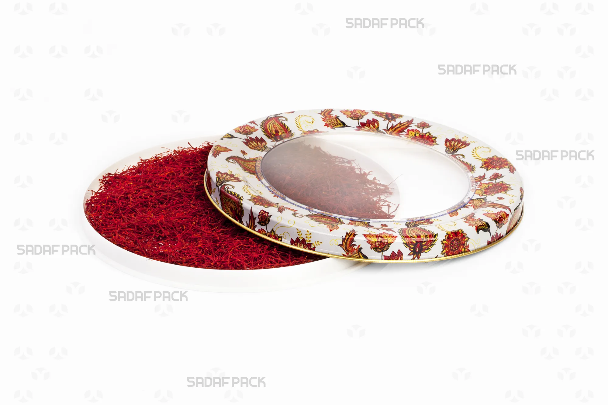 Top-down view of the Sadaf Pack 17 Metal España Flat Bottom tin with White Toranj design, shown with the lid open and filled with saffron to display its capacity and pattern.
