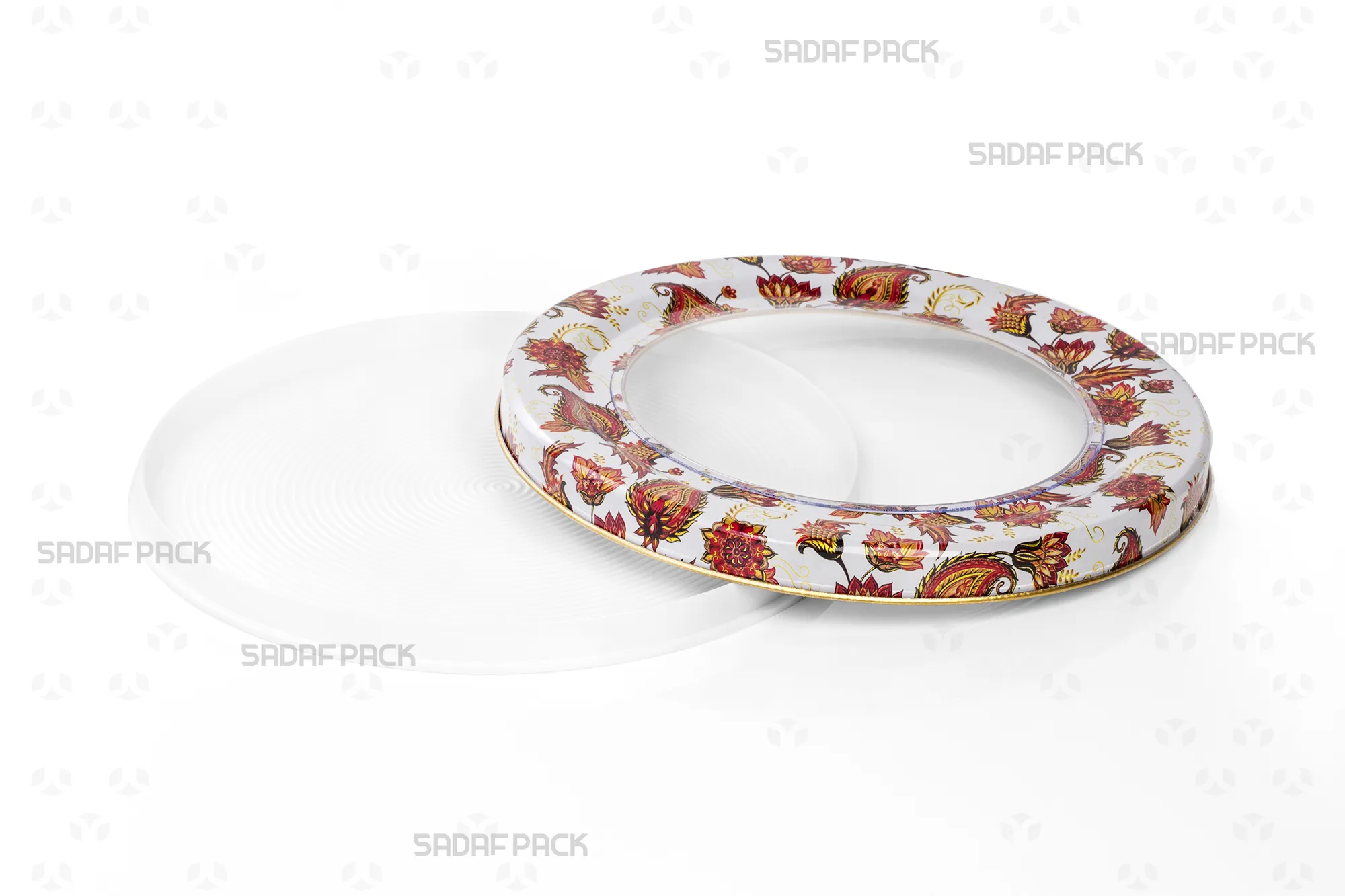 Top-down view of the empty 17 Metal España Raised Bottom tin by Sadaf Pack, with the open lid placed next to the base to display the internal capacity and white Toranj design.