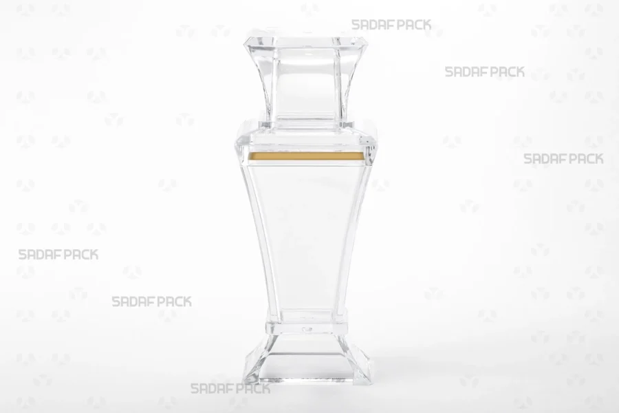 Front view of the Berelian 5 container, showcasing its faceted crystal design and secure lid.