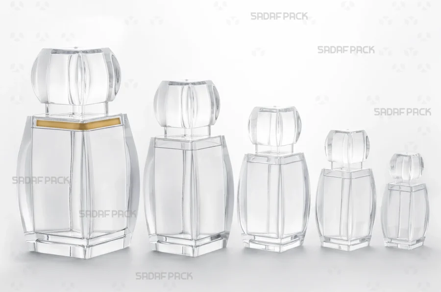 The complete Azin series of standing crystal containers, showing all five sizes together to display the range of packaging options from Sadaf Pack.