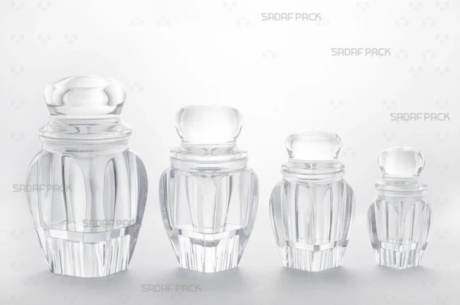The complete Gohar series of crystal containers displayed together, showing the size variations available from Sadaf Pack.