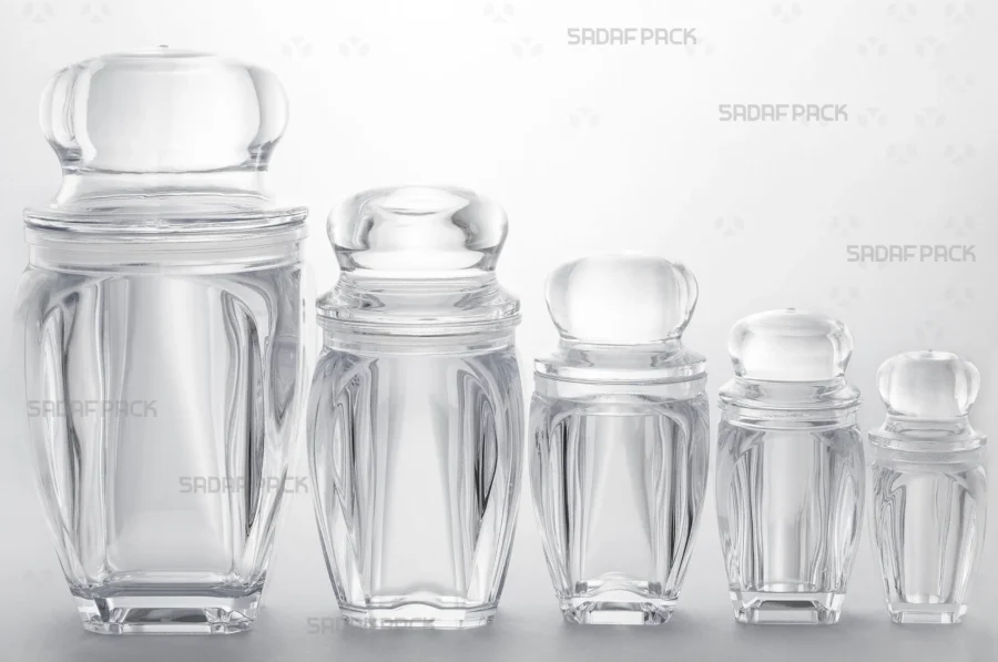 The complete Gohar series of crystal containers, including sizes 1 through 5, from Sadaf Pack.