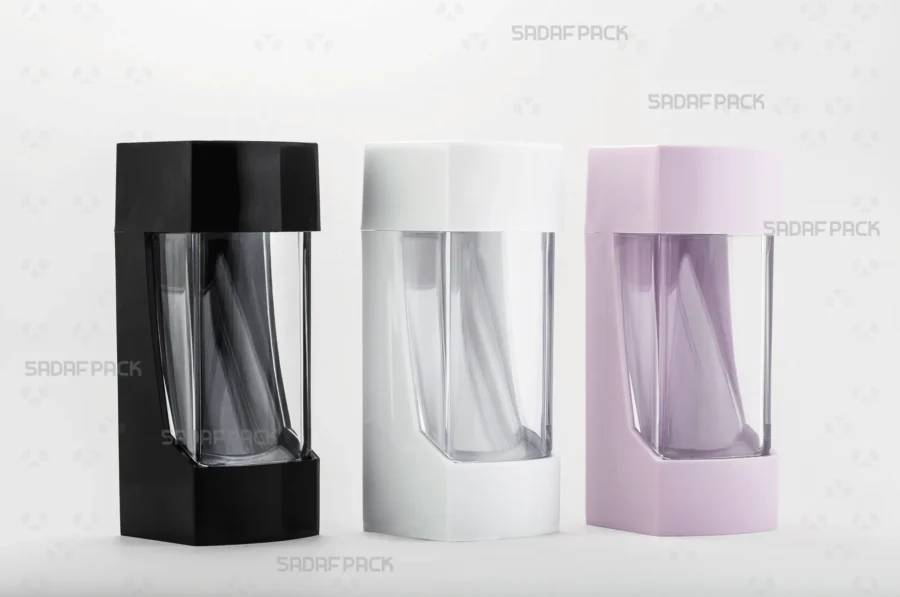 A group display of the Negin series containers in Black, White, and Lily, showing the complete collection available from Sadaf Pack.