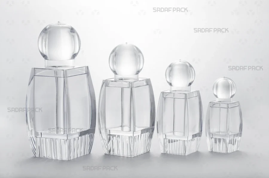 The complete Sadaf crystal container series from Sadaf Pack displayed together, showcasing various sizes available with raised bottom and standard bottom options.